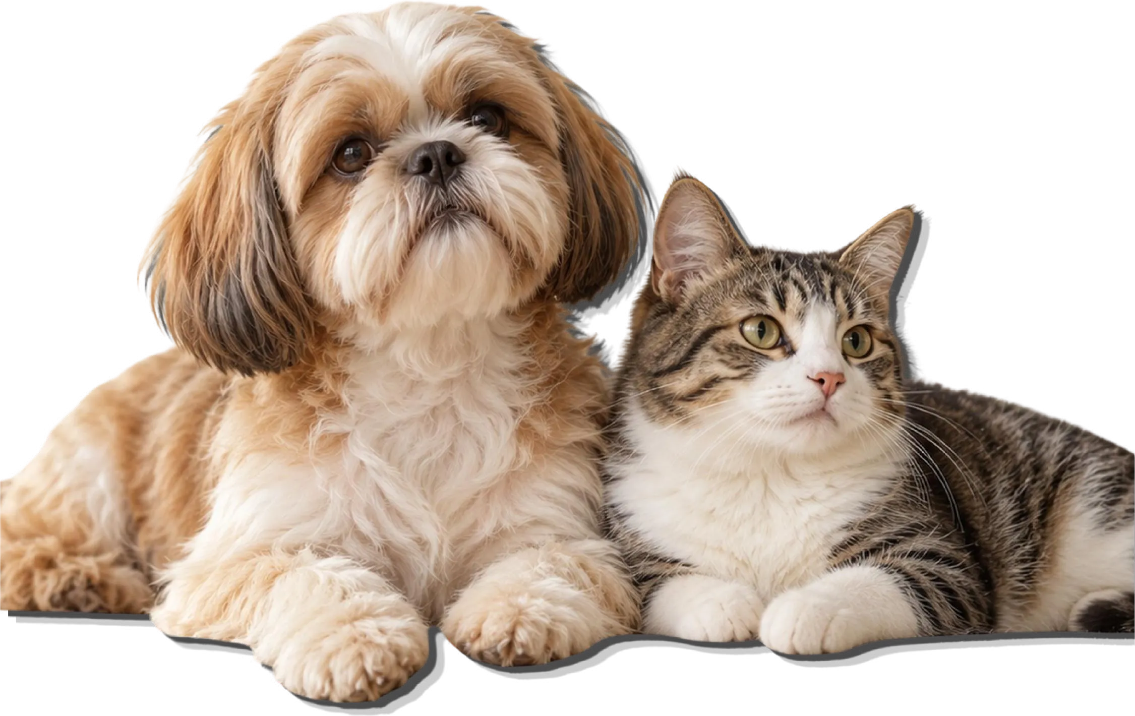 Un perro shih tzu y un gato atigrado recostados juntos